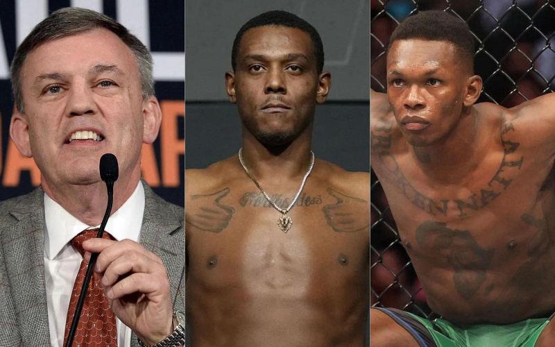  Teddy Atlas (vlevo), Jamahal Hill (uprostřed) a Israel Adesanya (vpravo)