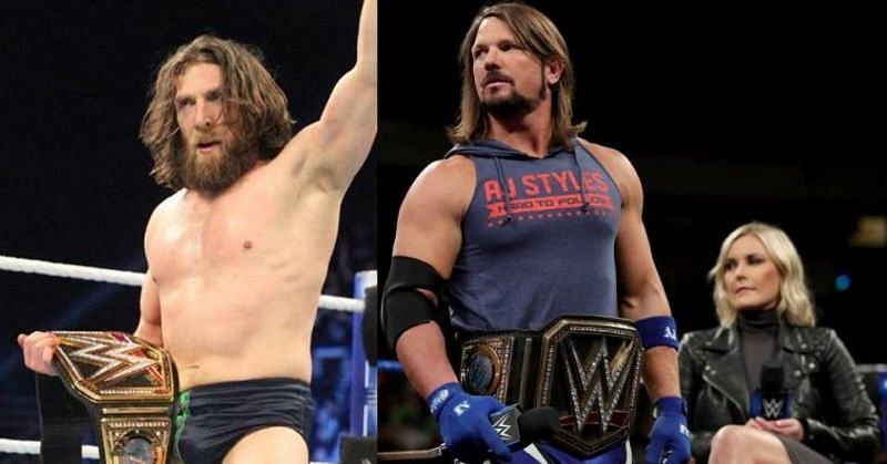 Daniel Bryan (z lewej) może stracić mistrzostwo WWE na rzecz człowieka, od którego je wygrał, AJ Styles (w środku)